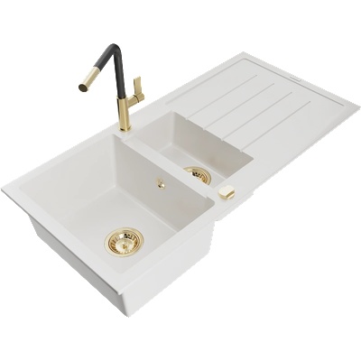 Mexen Andres гранитна мивка 1, 5-коморна с отцедник и кухненски смесител Flora, бял - 6515-20-670401-57-G (6515-20-670401-57-G)