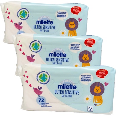 MILETTE бебешки мокри кърпи, 3х72 броя, 3х400гр, Ultra Sensitive