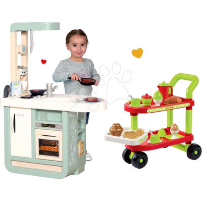 Smoby set tyrkysovo-zelená kuchynka Cherry Kitchen a servírovací vozík s raňajkami 100% Chef 310900-11
