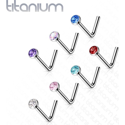 Šperky Eshop Zahnutý piercing do nosu z titanu drobný kulatý zirkon v objímce W20.08 Modrá B