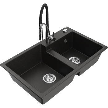 Mexen Tomas гранитна мивка с 2 камери и кухненски смесител Aster, черен/златен металик - 6516-75-73450-07 (6516-75-73450-07)