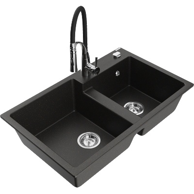 Mexen Tomas гранитна мивка с 2 камери и кухненски смесител Aster, черен/златен металик - 6516-75-73450-07 (6516-75-73450-07)