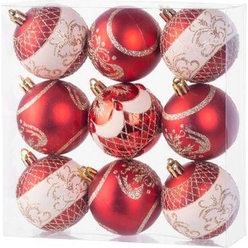 MagicHome Gule 9 ks červené s ornamentom na vianočný stromček 6 cm