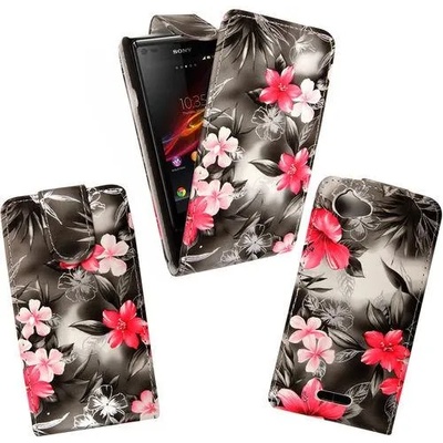 Sony Xperia L Purple Flower Flip Калъф + Протектор
