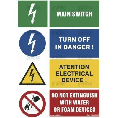 Grafiko | Warning electrical ../Main switch/ Turn off... / Do not extinguish ... - Materiál Hliník, Rozměr 210x148mm