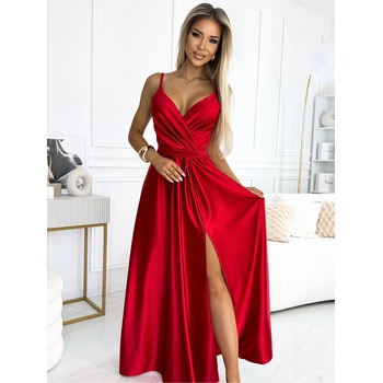 Numoco Елегантна дълга сатенена рокля с деколте и разрез на крачолите - червена Numoco JULIET numoco | Cherven | ЖЕНИ | M