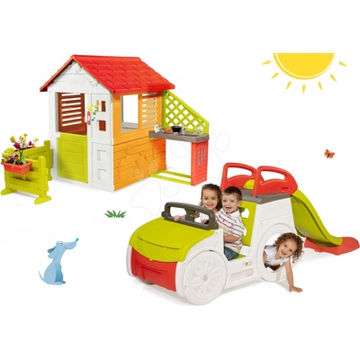 Preliezačka Adventure Car s pieskoviskom a šmykľavkou+domček Záhradník Floralie s kuchynkou