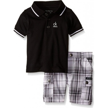 Calvin Klein set šortek a polo trička Jersey Polo Shirt and Yarn Dyed Plaid Shorts černá
