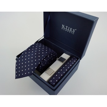 Darčekový box kravata manžetové gombíky vreckovka modrá tmavá mikrovlákno