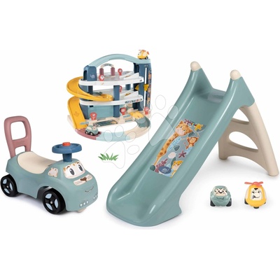 Smoby Set šmykľavka s vlhčením a odrážadlo a chodítko XS Slide Little dĺžka šmyku 90 cm a garáž s autíčkom a helikoptérou