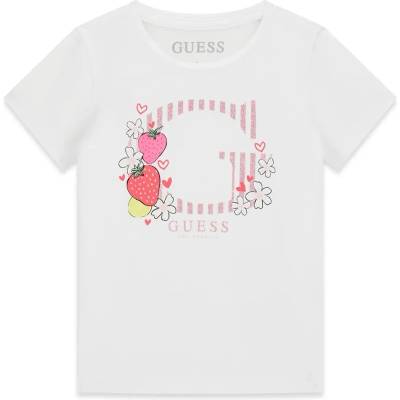 GUESS Бяла тениска за мини момиче с розово G и ягодки Guess