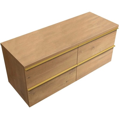 CERANO - Koupelnová skříňka Velora - dub medový, úchytka zlatá + deska pod umyvadlo Navira Pro - 36 mm - 120x56,6x46,5 cm