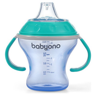 BabyOno Drippy cup měkký náustek přírodní kojící modrý 180ml