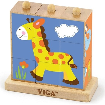 Viga Toys Дървени кубчета пъзел - Диви животни, 9 кубчета, Viga (50834)