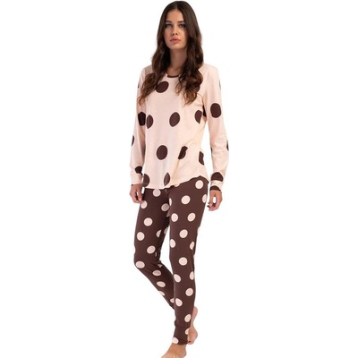 Дамска пижама с дълъг ръкав в розово и кафяво на точки