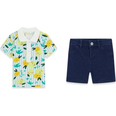 Guess Раирана тениска с яка в бяло и ментово с лимони и къси деним панталони за бебе момче Guess