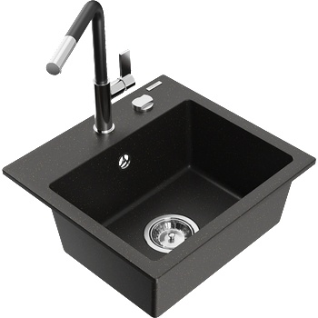 Mexen Milo мивка от гранит с 1 отделение и кухненски смесител Flora, черен/златист металик - 6505-75-670401-07 (6505-75-670401-07)