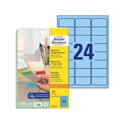 Etikety Avery odnímateľné 63,5x33,9 mm, modré