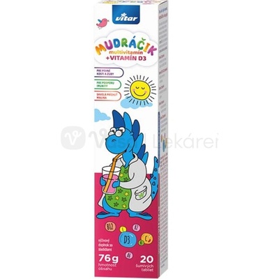 Vitar Mudráčik Multivitamín + Vitamín D3 malina 20 šumivých tabliet