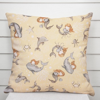 Biante Detská bavlna Sandra SA-670 Sivo-hnedé morské panny s delfínmi na žltobéžovom 30 x 50 cm