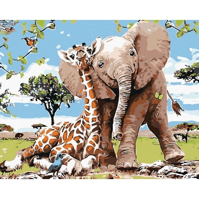 zuty Malování podle čísel Žirafa a sloník 100 x 80 cm vypnuté plátno na rám