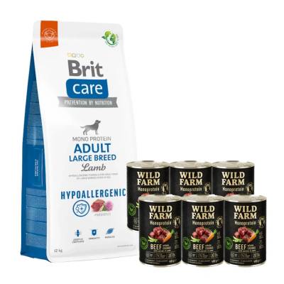 Brit CARE Хипоалергенна храна за възрастни кучета от големи породи с агнешко месо 12кг + WILD FARM Monoprotein Beef 6x400g - хипоалергенна храна за кучета