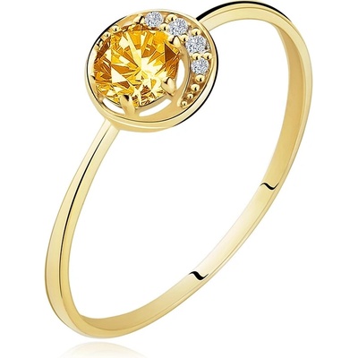 Šperky eshop prsten ze žlutého zlata úzký srpek měsíce žlutý citrín zirkonky čiré GG91
