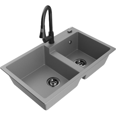 Mexen Tomas гранитна мивка с 2 отделения и кухненски смесител Elia, сиво - 6516-71-670101-70-B (6516-71-670101-70-B)