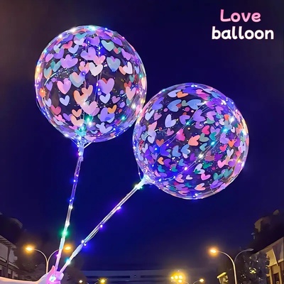 Комплект прозрачен Bobo балон със сърца 50 см. с многоцветен LED светещ гирлянд 300 см. с дръжка 75 см