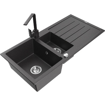Mexen Andres гранитна кухненска мивка с 1, 5 отделения с отцедник и кухненски смесител Rita, черен на капки - 6515-76-670300-76 (6515-76-670300-76)