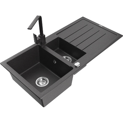 Mexen Andres гранитна кухненска мивка с 1, 5 отделения с отцедник и кухненски смесител Rita, черен на капки - 6515-76-670300-76 (6515-76-670300-76)