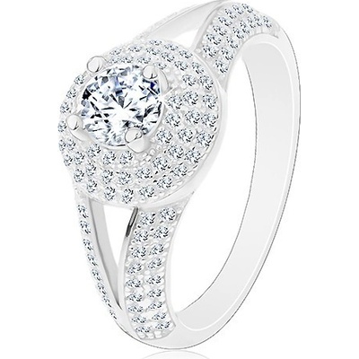 Šperky eshop Stříbrný prsten 925 zásnubní rozdělená ramena zářivý kruh se zirkonem M01.25