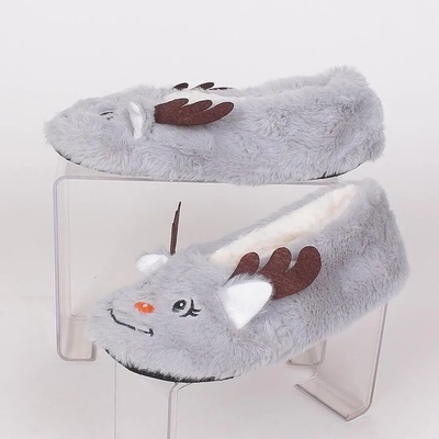 Пухкави коледни пантофи-балеринки в сиво - еленче