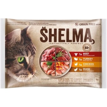 Shelma kočka s kuřecím hovězím kachním a krůtím 4 x 85 g