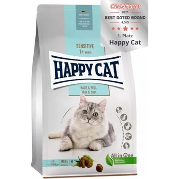 Happy Cat Sensitive Skin & Coat - храна разработена за котки с чувствително храносмилане, поддържа естествения блясък на козината и кожата, пилешко, ориз, картофи, риба, черен дроб, ленено семе, 0, 300 кг, Германия - 70599