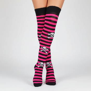 Image 1 of Дамски 7/8 чорапи на райе в черно и циклама с черепи