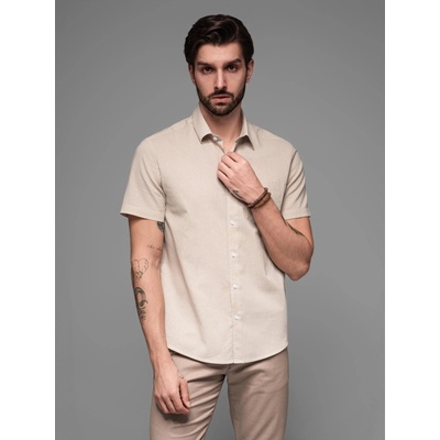 Ombre Clothing Мъжка риза с къс ръкав и кубинска яка Бежово Ombre Clothing Ombre Clothing | Bezhov | МЪЖЕ | S