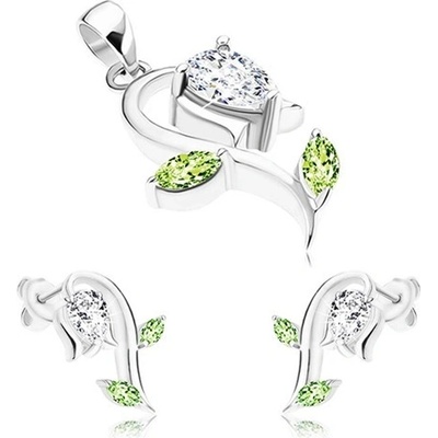 Šperky eshop stříbrný set přívěsek a náušnice sněženka čiré a zelené zirkony SP73.06 – Zboží Mobilmania