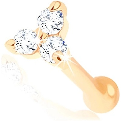 Šperky eshop Rovný zlatý piercing do nosu trojlístek z čirých zirkonků S2GG96.21
