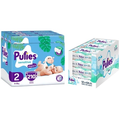 pufies Бебешки пелени Pufies Sensitive - Размер 2, 4-8 kg, 210 броя + мокри кърпи Pufies Clean Care, 12 х 64 броя (3800024036217+13800024027540)