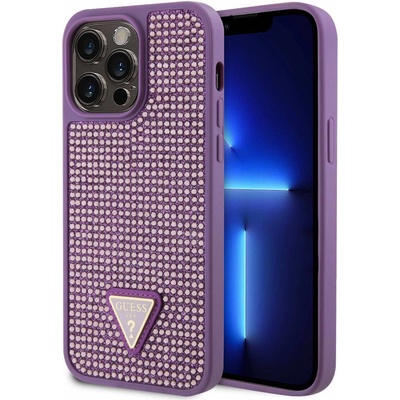 GUESS Rhinestones Triangle Metal Logo Case - силиконов (TPU) калъф за iPhone 15 Pro Max (лилав)