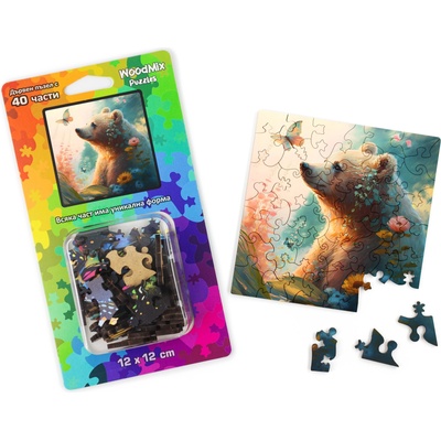 WoodMix Puzzles Дървен пъзел WoodMix, Животни, 40 части - Мече с цветя (WM-P40-0024)