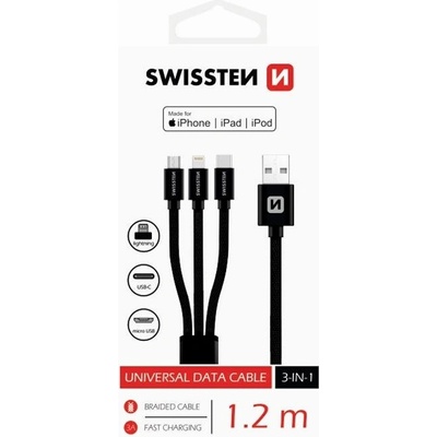 Swissten kabel Textile 3in1mFi 1,2m, černá