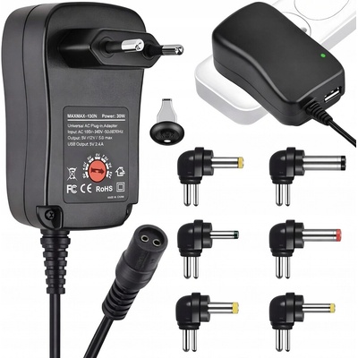 Univerzální nastavitelný napájecí adaptér / nabíječka 3-12V, síťový s USB, 30W, 6 koncovek – Sleviste.cz
