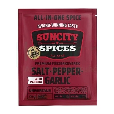SunCity Prémiová zmes korenia – soľ, čierne korenie, cesnak s červenou paprikou 35g