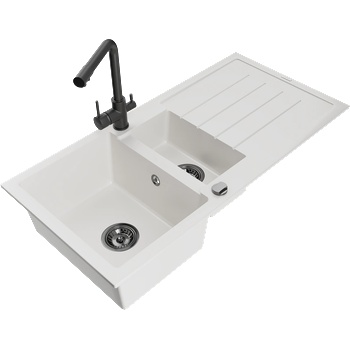 Mexen Andres гранитна мивка 1, 5-камерна с отцедник и кухненски смесител Duero, бял - 6515-20-671600-70 (6515-20-671600-70)