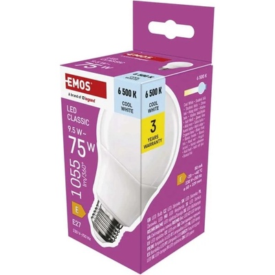 EMOS ZQ5E54 LED ZIAROVKA CLASSIC A60 / E27 / 9,5 W 75 W / 1055 LM / STUDENA BIELA