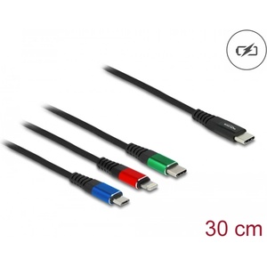 Delock USB кабел за зареждане с дължина 30 см, 3 в 1, с USB Type-C мъжки конектор за Lightning, Micro USB и USB Type-C