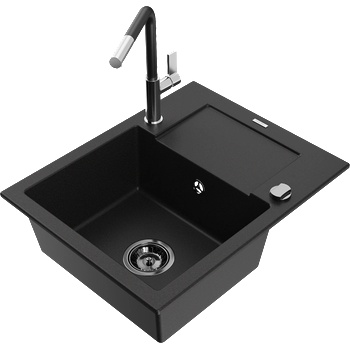 Mexen Enzo гранитна мивка с 1 отделение с дренаж и кухненски смесител Flora, черен - 6506-77-670401-07-B (6506-77-670401-07-B)