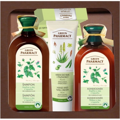 Green Pharmacy Herbal Care čistiaci šampón pre normálne vlasy 350 ml + kondicionér pre normálne vlasy 300 ml + krém na ruky s aloe vera 100 ml + balzam na pery 3,6 g darčeková sada